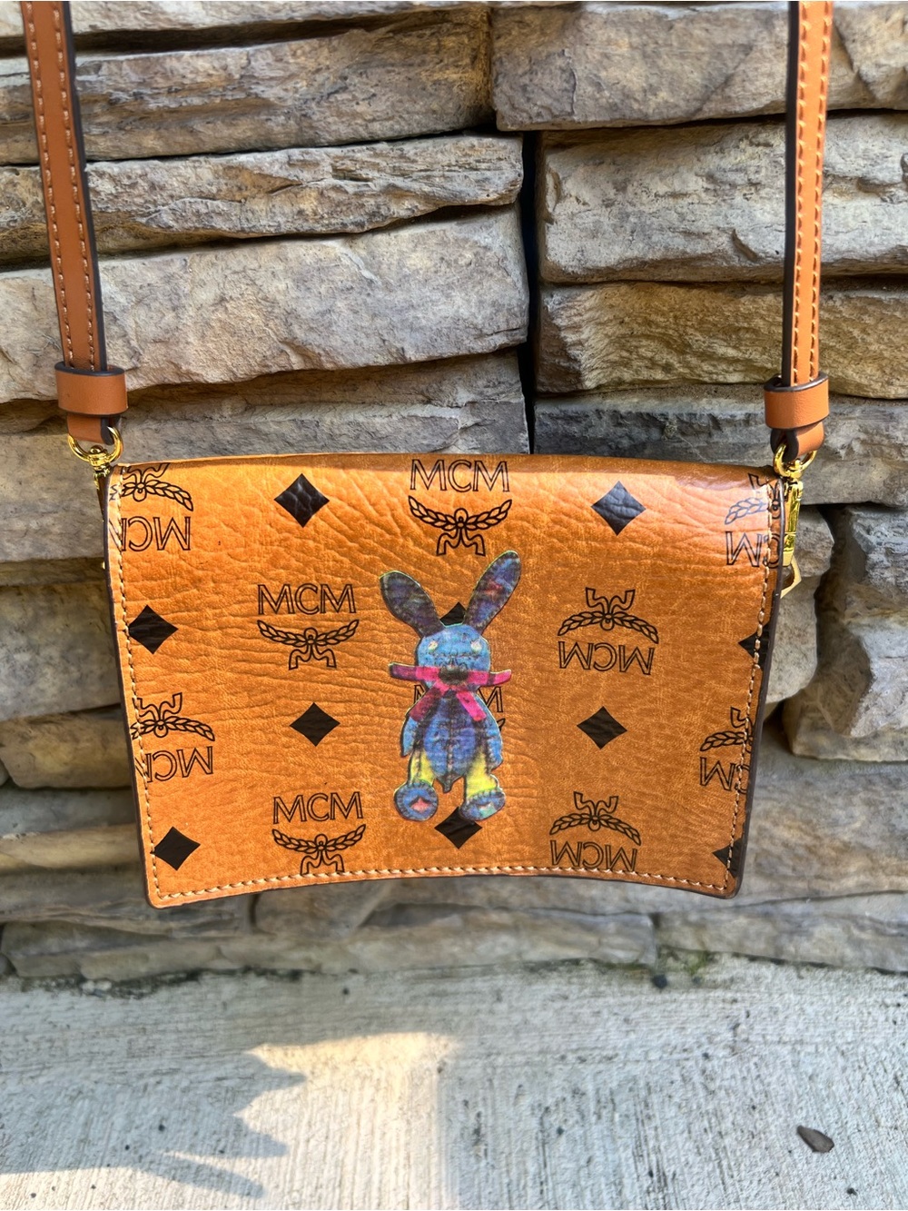 MCM Cognac Visetos Bunny Motif Crossbody Bag